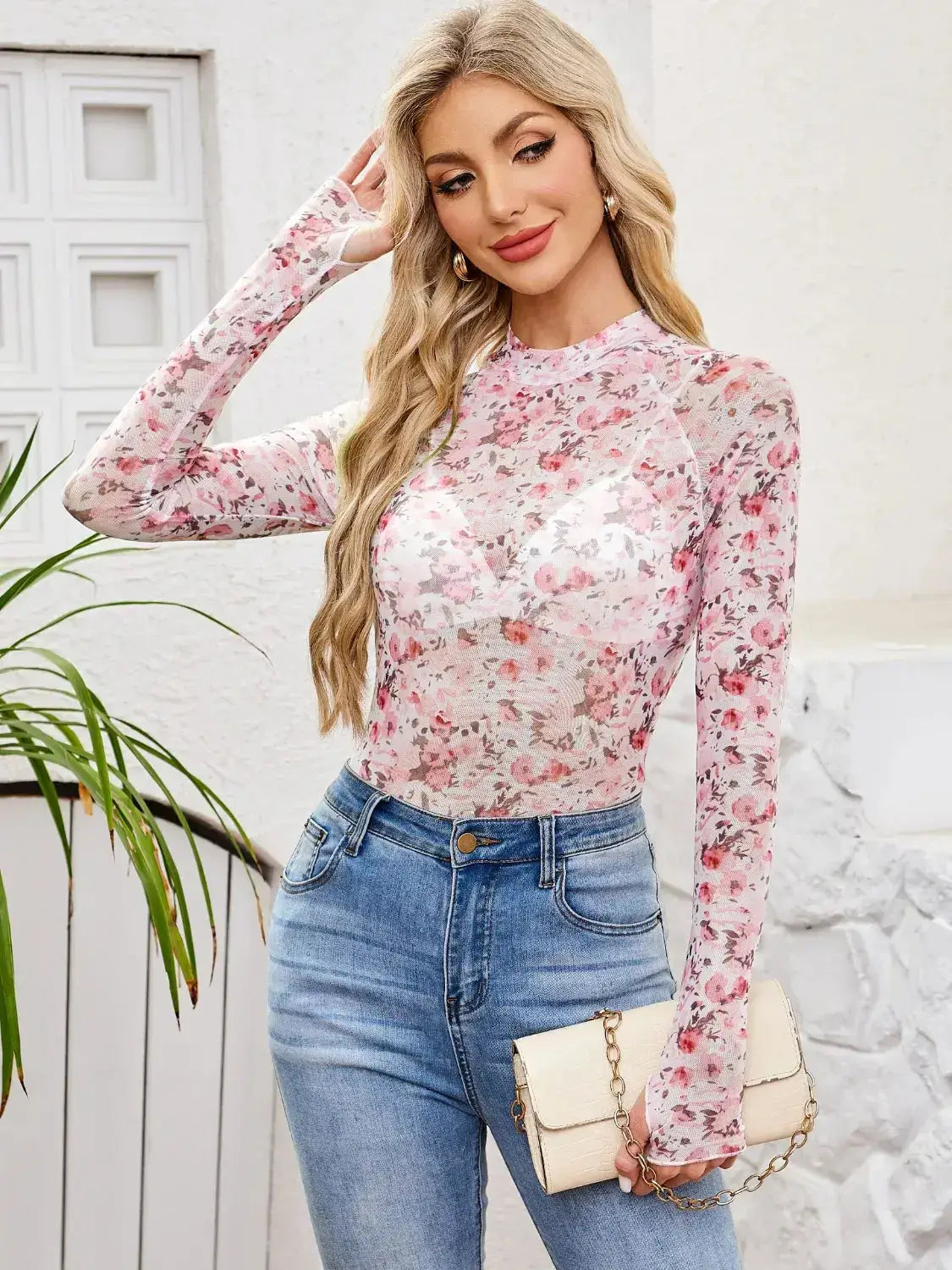 Floral Mock Neck Long Sleeve Top - Clothes For Her Online Store