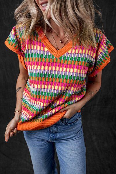 Contrast Striped V-Neck Knit Top - Clothes For Her Online Store