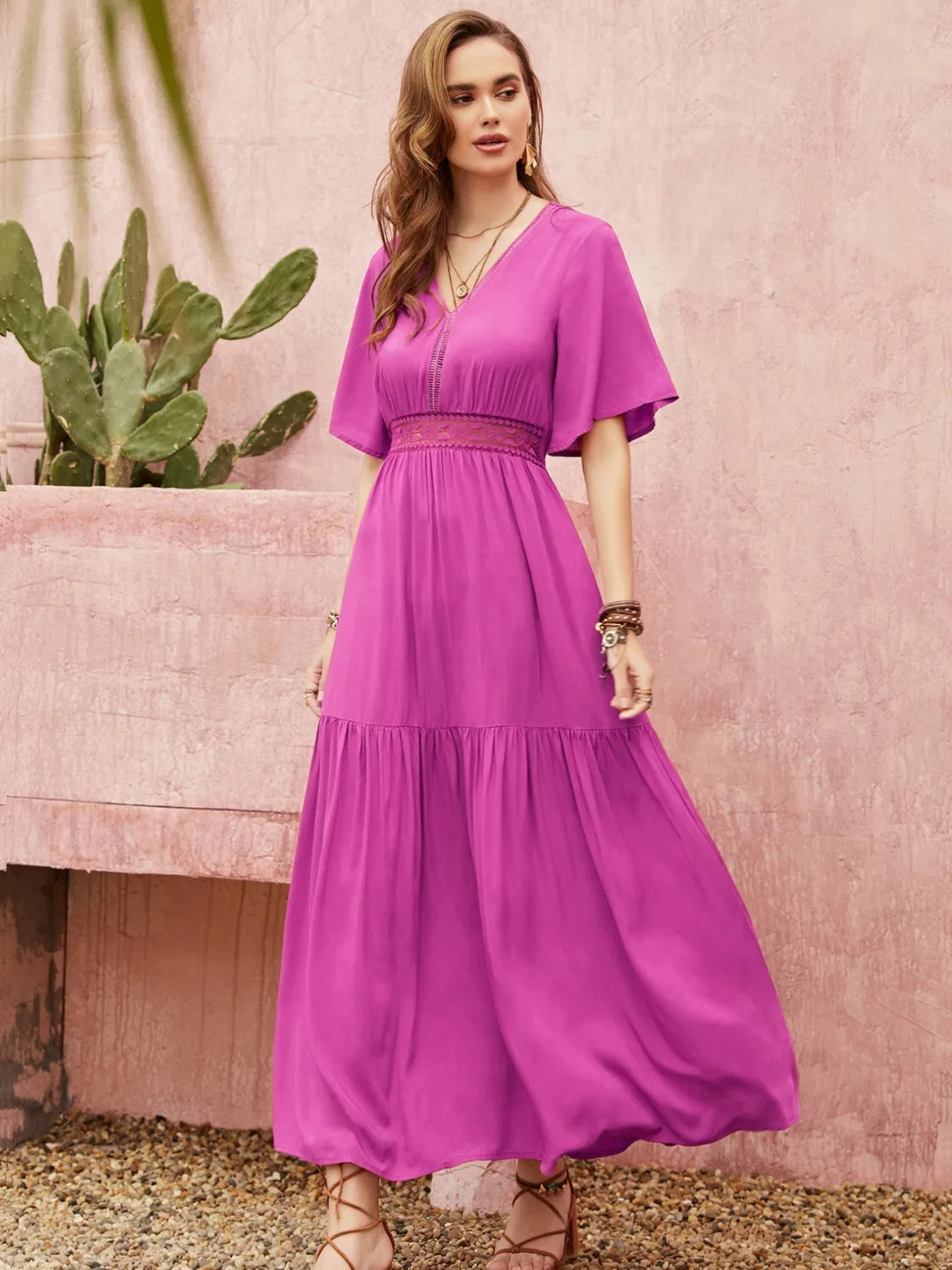 Lace Detail V-Neck Short Sleeve Midi Dress