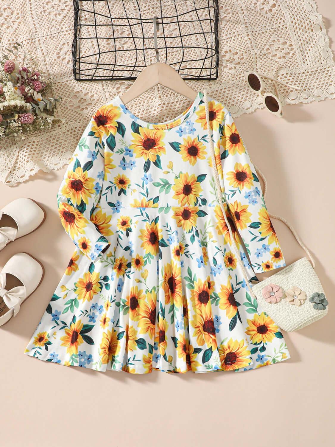 Kids Sunflower Print Round Neck Long Sleeve Dress - Clothes For Her Online Store