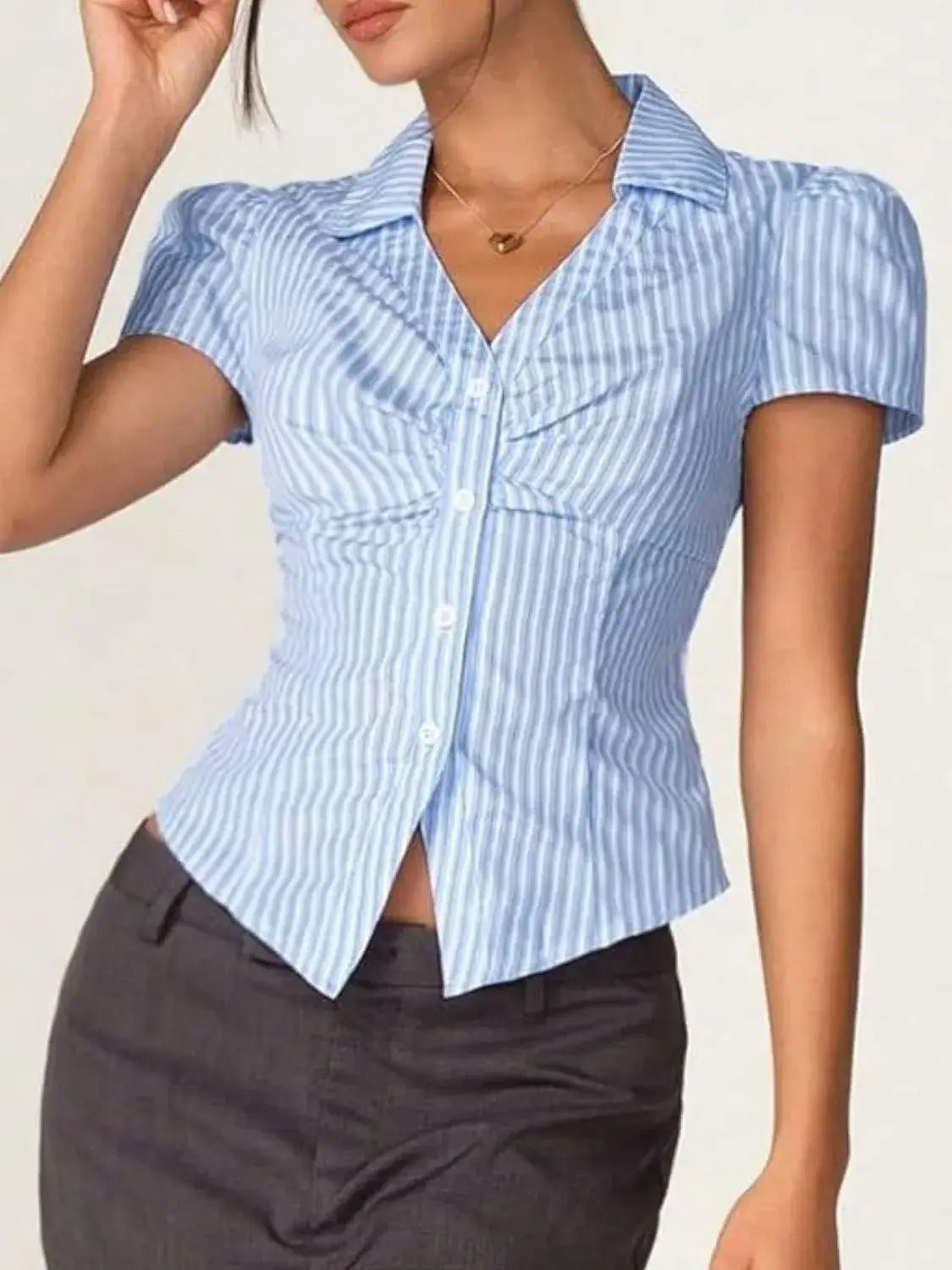 Striped Collared Neck Short Sleeve Shirt