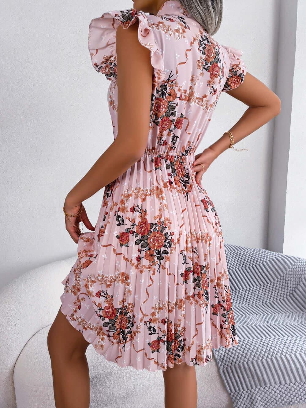 Pleated Floral Printed Tie Neck Knee Length Dress - Clothes For Her Online Store