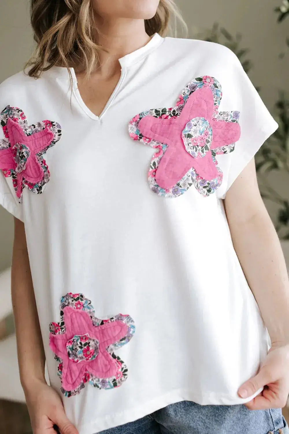 Floral Applique Notched Dolman Sleeve Top - Clothes For Her Online Store