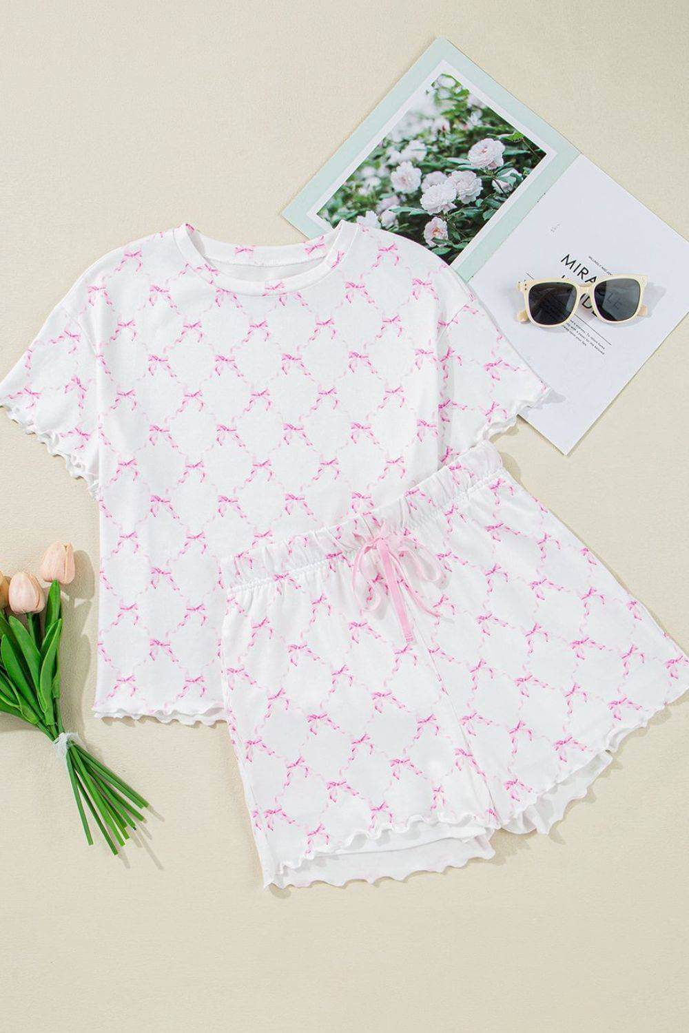 Bow Print Lettuce Trim Round Neck Top and Shorts Lounge Set - Clothes For Her Online Store