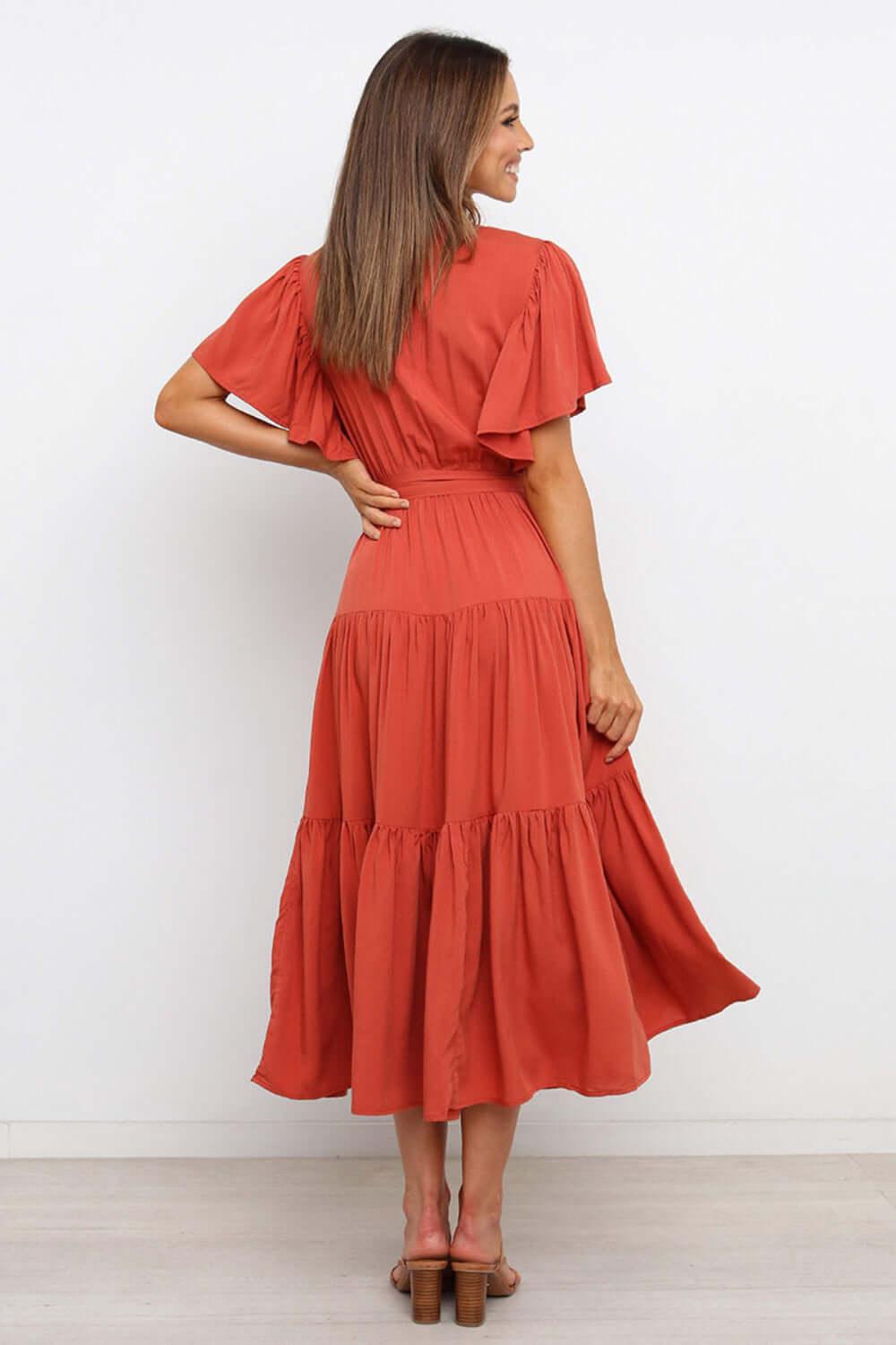 Tied Tiered Short Sleeve Midi Dress - Clothes For Her Online Store