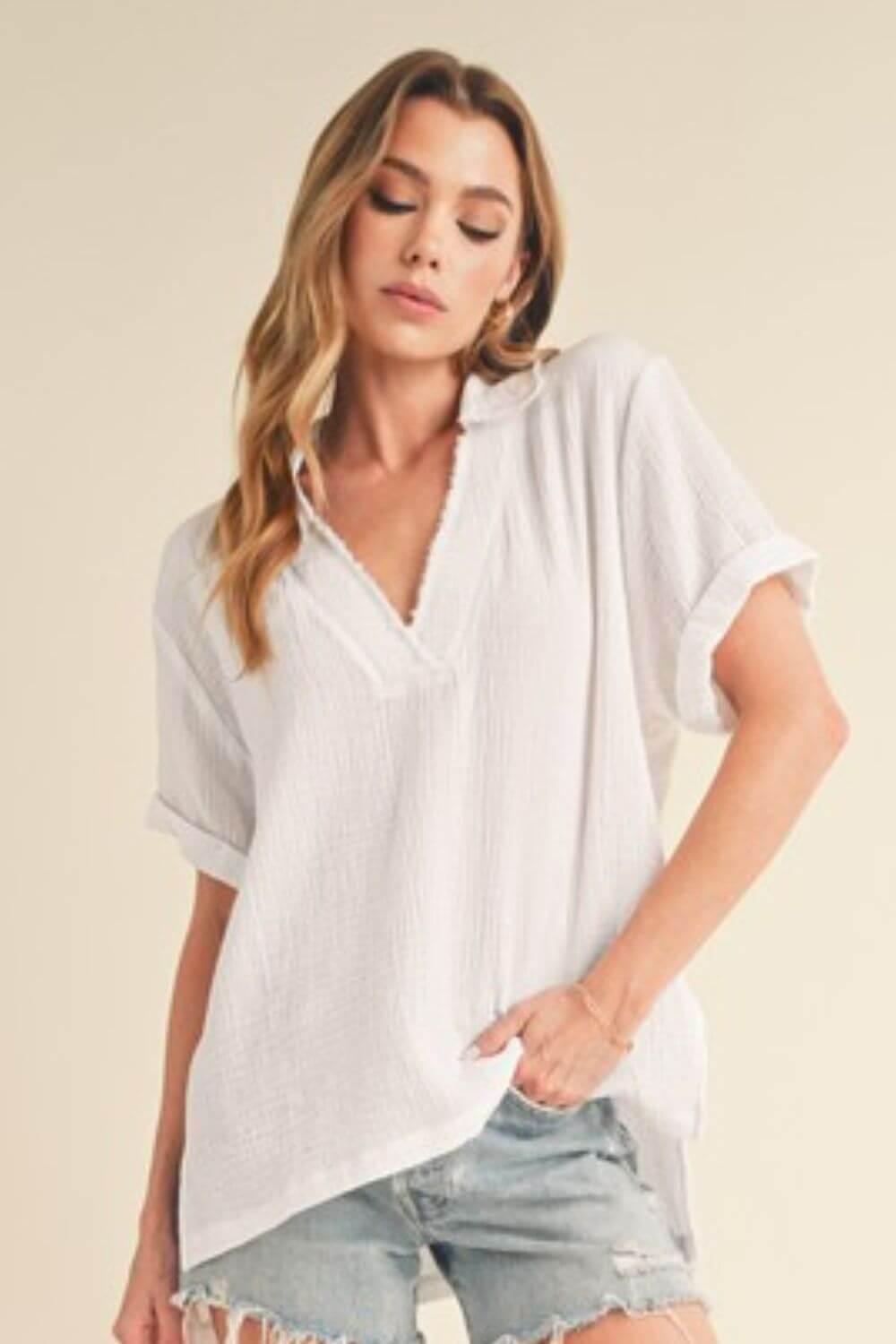 Aemi + Co Side Slit Johnny Collar Short Sleeve Cotton Gauze Blouse - Clothes For Her Online Store