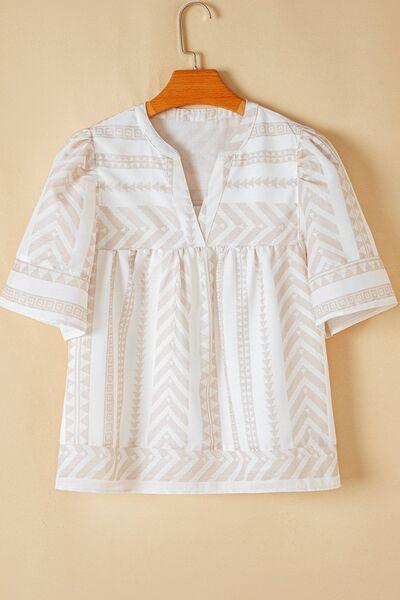 Geometric Jacquard Notched Half Sleeve Blouse - Clothes For Her Online Store