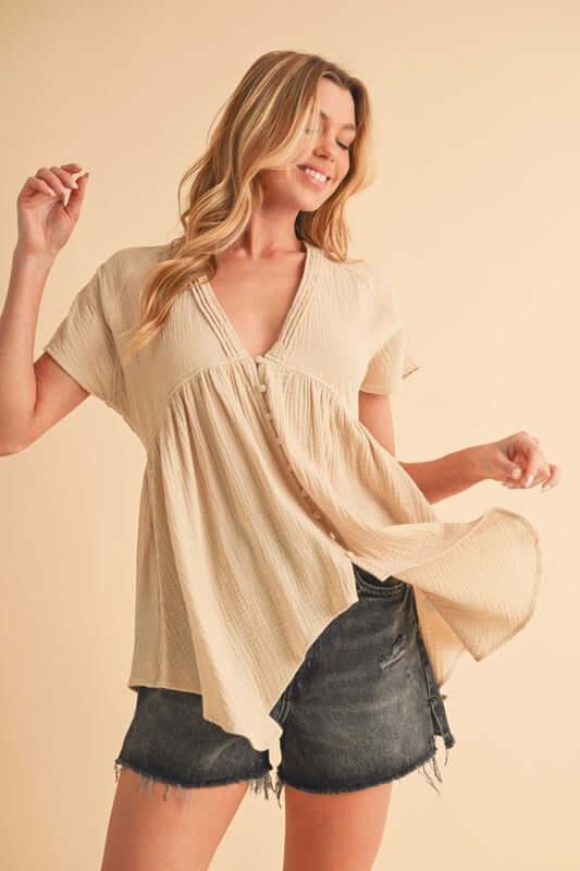Aemi + Co Tuck Detail V-Neck Short Sleeve Blouse - Clothes For Her Online Store
