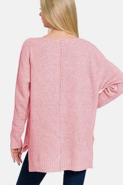 Zenana High-Low Center Seam V-Neck Sweater - Clothes For Her Online Store
