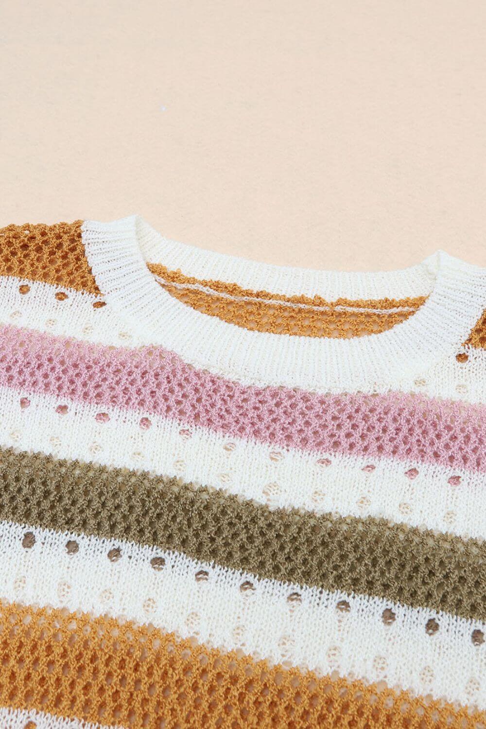 Striped Round Neck Hollowed Sweater - Clothes For Her Online Store