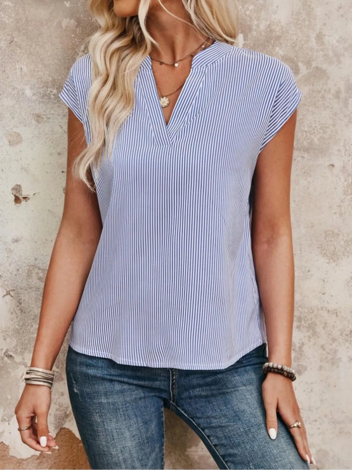 Striped Notched Cap Sleeve Blouse - Clothes For Her Online Store