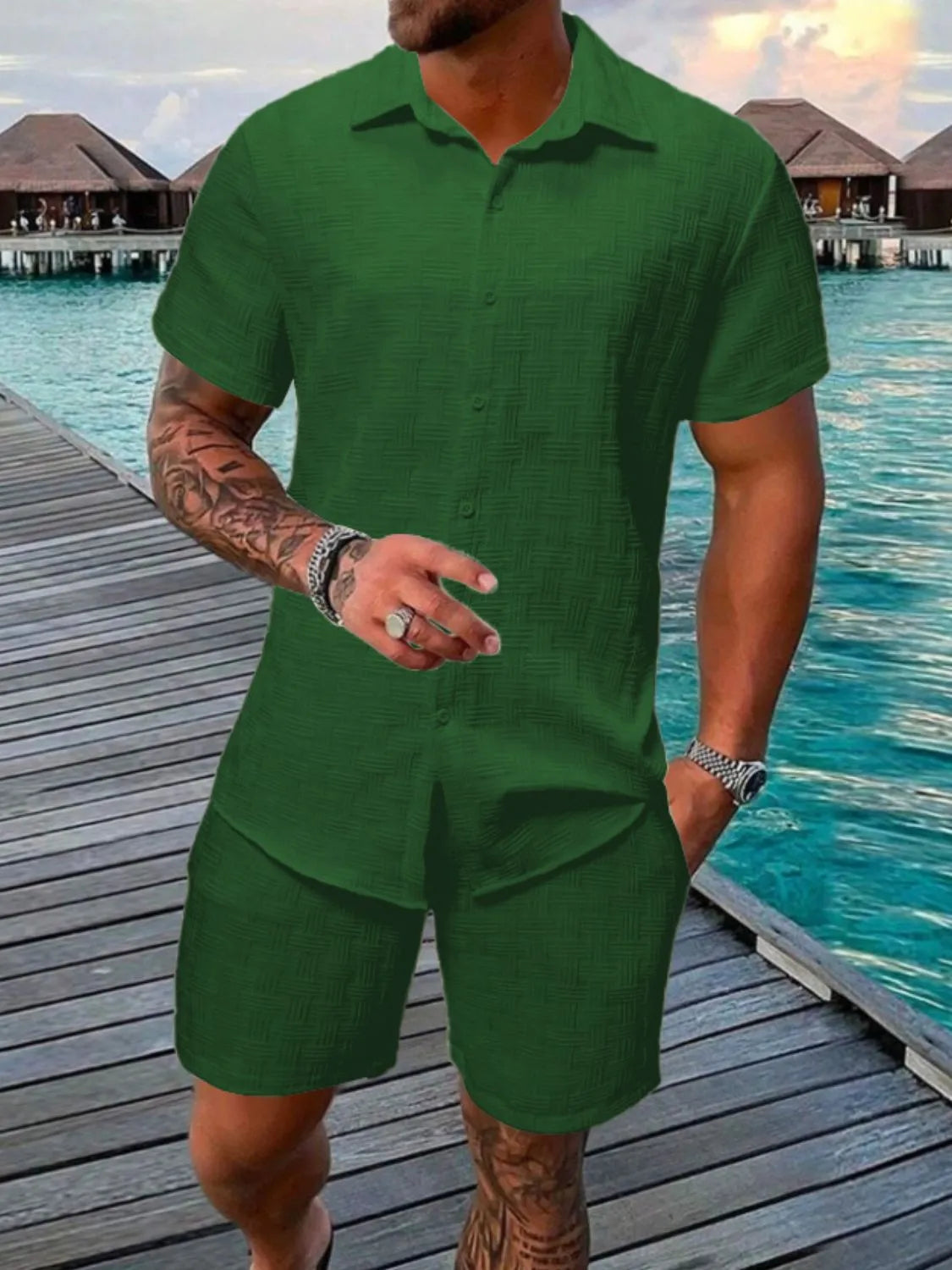 Men's Collared Neck Short Sleeve Top and Shorts Set