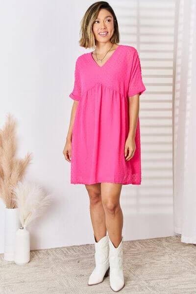Zenana Swiss Dot Rolled Short Sleeve Babydoll Dress - Clothes For Her Online Store