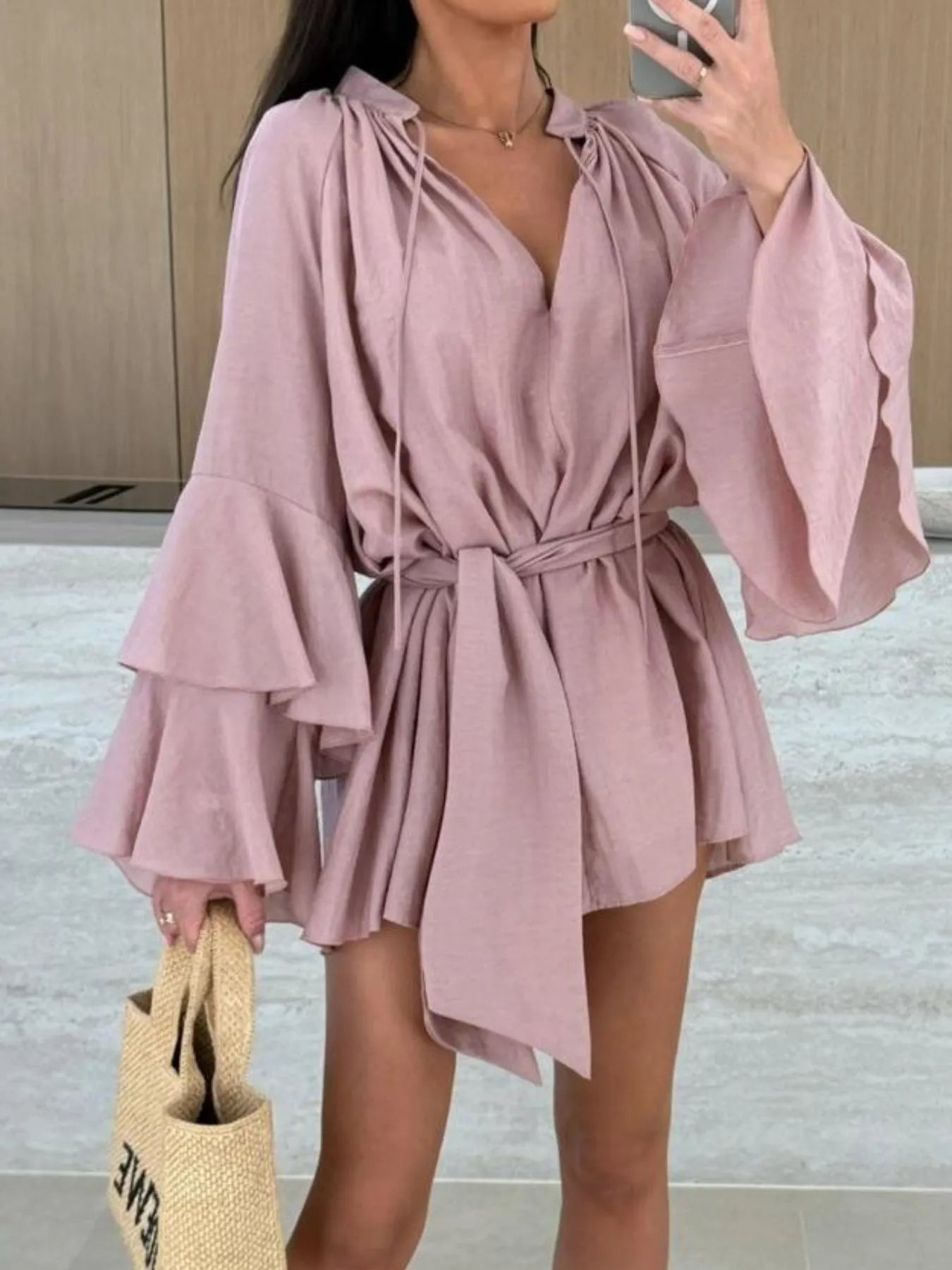 Bell Sleeve Tie Waist Mini Shirt Dress