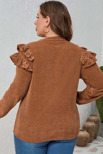 Plus Size Ruffled Round Neck Long Sleeve T-Shirt - Clothes For Her Online Store