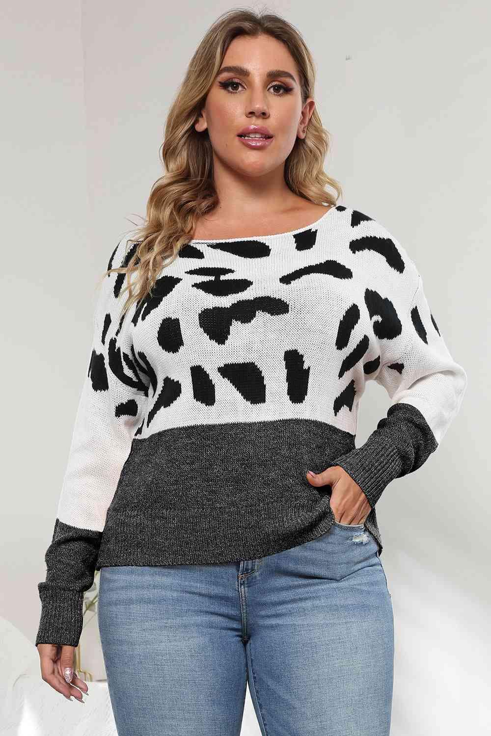 Plus Size Leopard Round Neck Long Sleeve Sweater - Clothes For Her Online Store