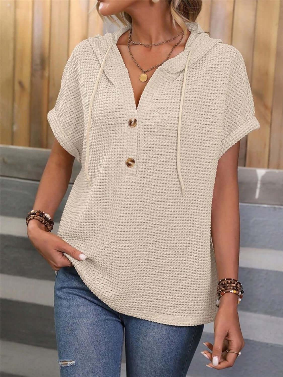 Waffle-Knit Hooded Short Sleeve Top - Clothes For Her Online Store