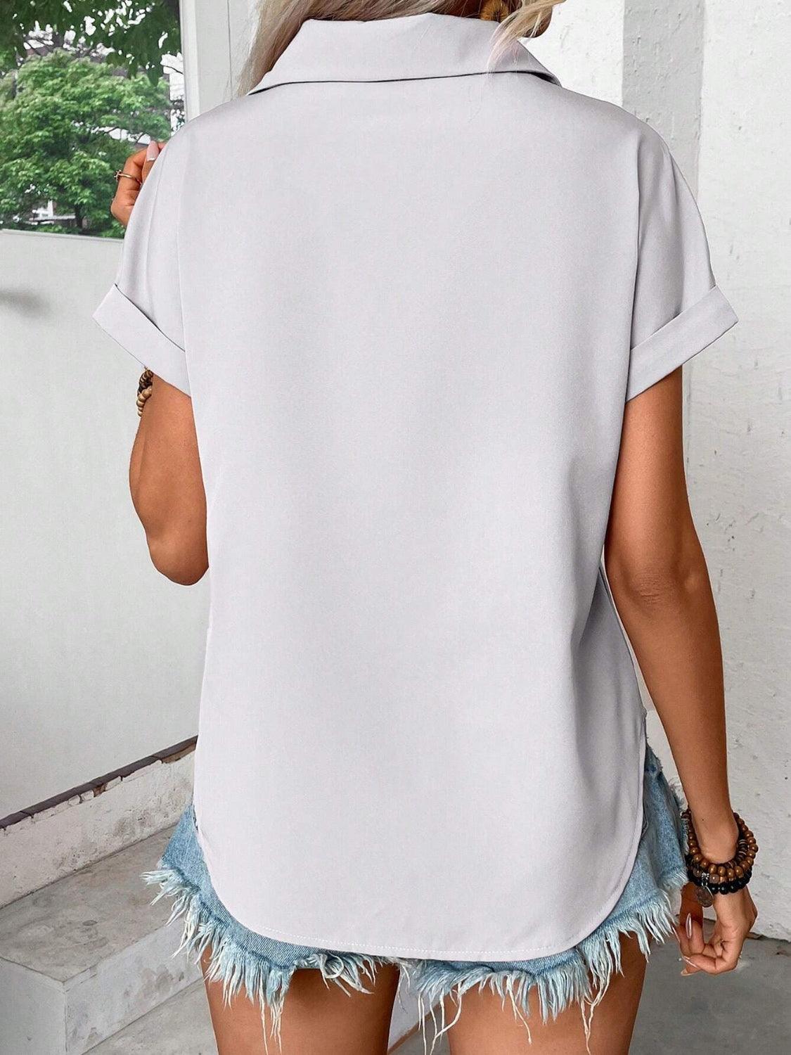 Pleated Detail Collared Neck Short Sleeve Shirt - Clothes For Her Online Store