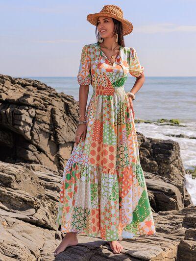 Printed Smocked Waist Short Sleeve Maxi Dress - Clothes For Her Online Store