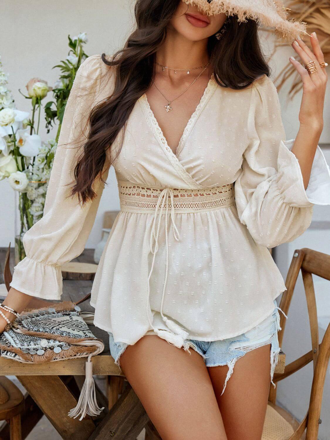 Devine Swiss Dot Lace Detail Surplice Flounce Sleeve Blouse - Clothes For Her Online Store