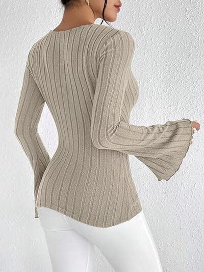 Ribbed Flare Sleeve Top - Clothes For Her Online Store