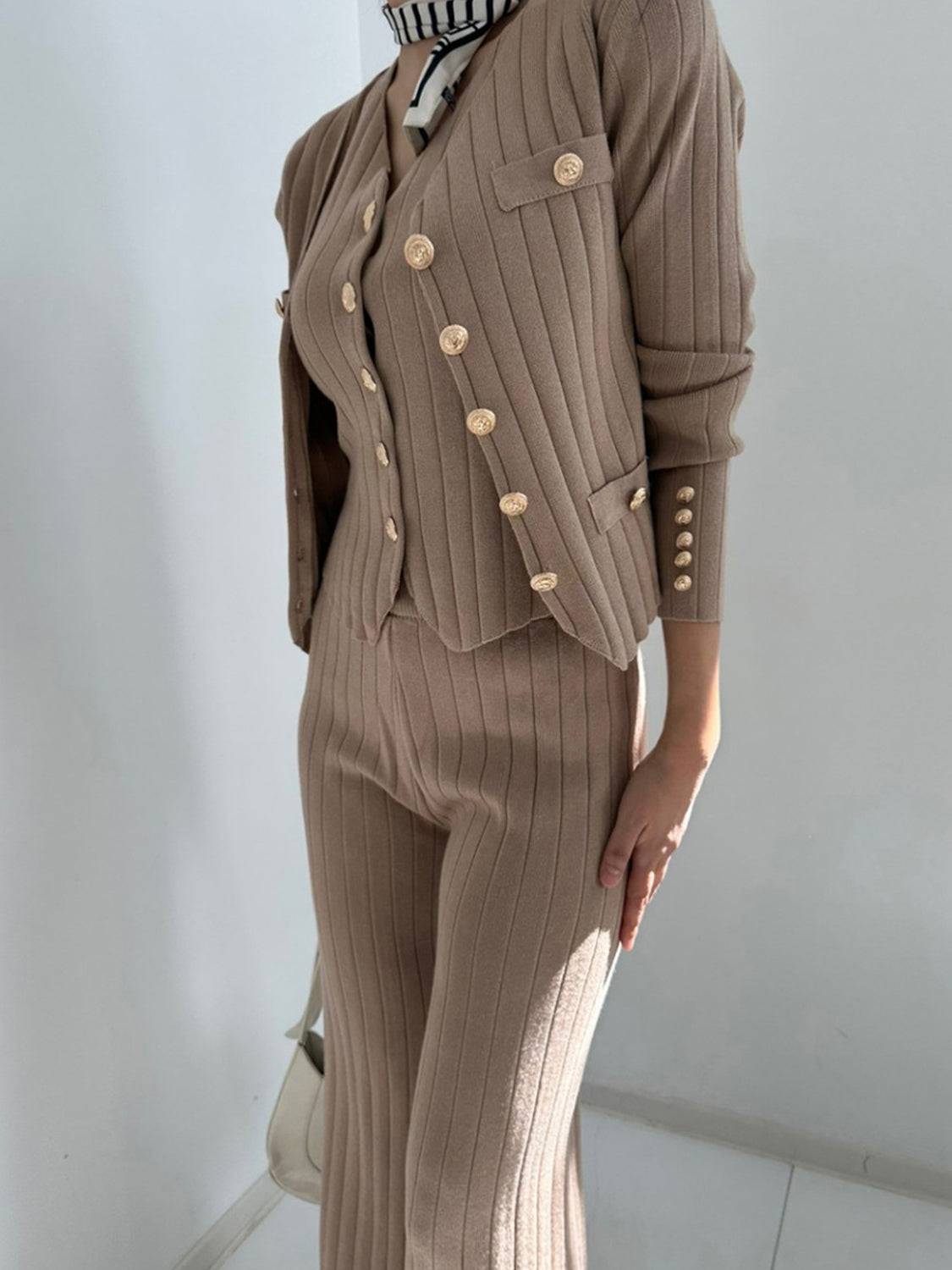 V-Neck Tank, Cardigan and Pants Three-Piece Sweater Set - Clothes For Her Online Store