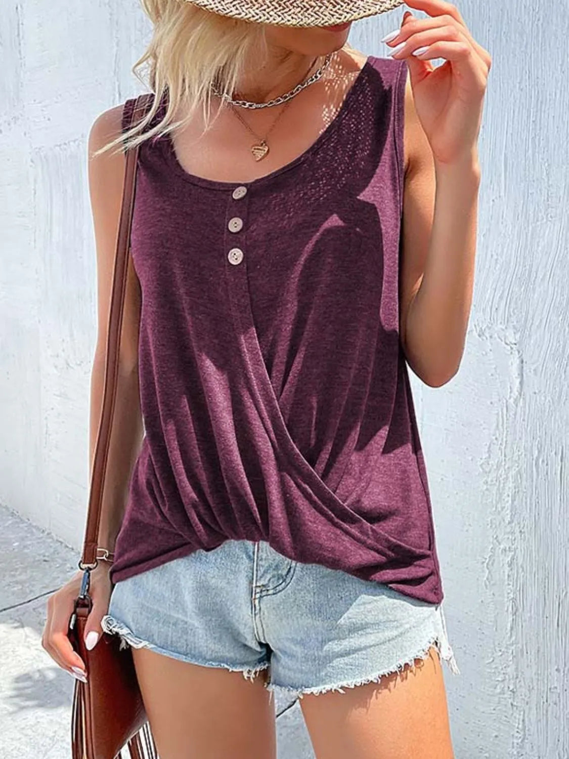 Full Size Decorative Button Round Neck Tank Plus Size