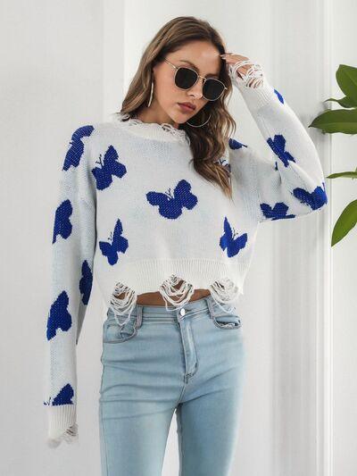 Distressed Butterfly Cropped Sweater - Clothes For Her Online Store