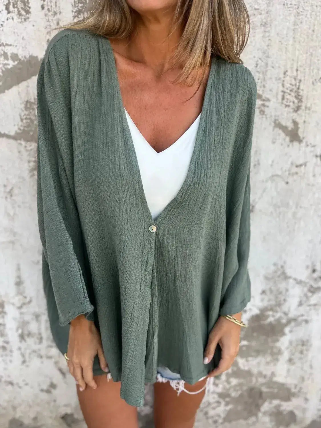Full Size One Button Long Sleeve Shirt Plus Size - Clothes For Her Online Store