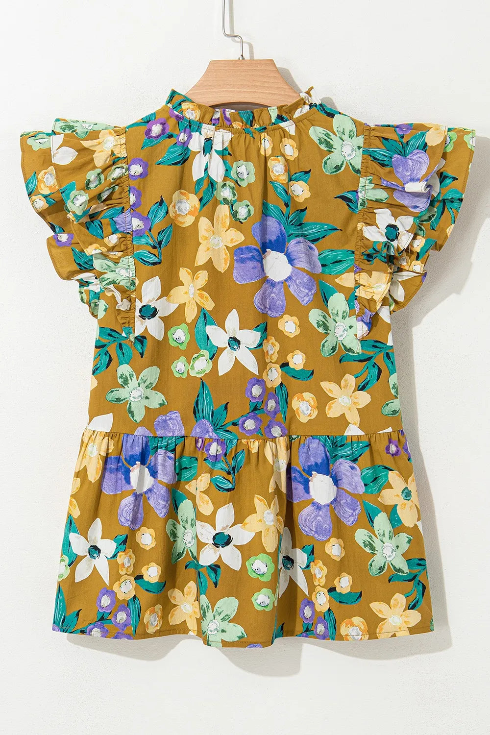 Floral Print Ruffle Cap Sleeve Tie Neck Top
