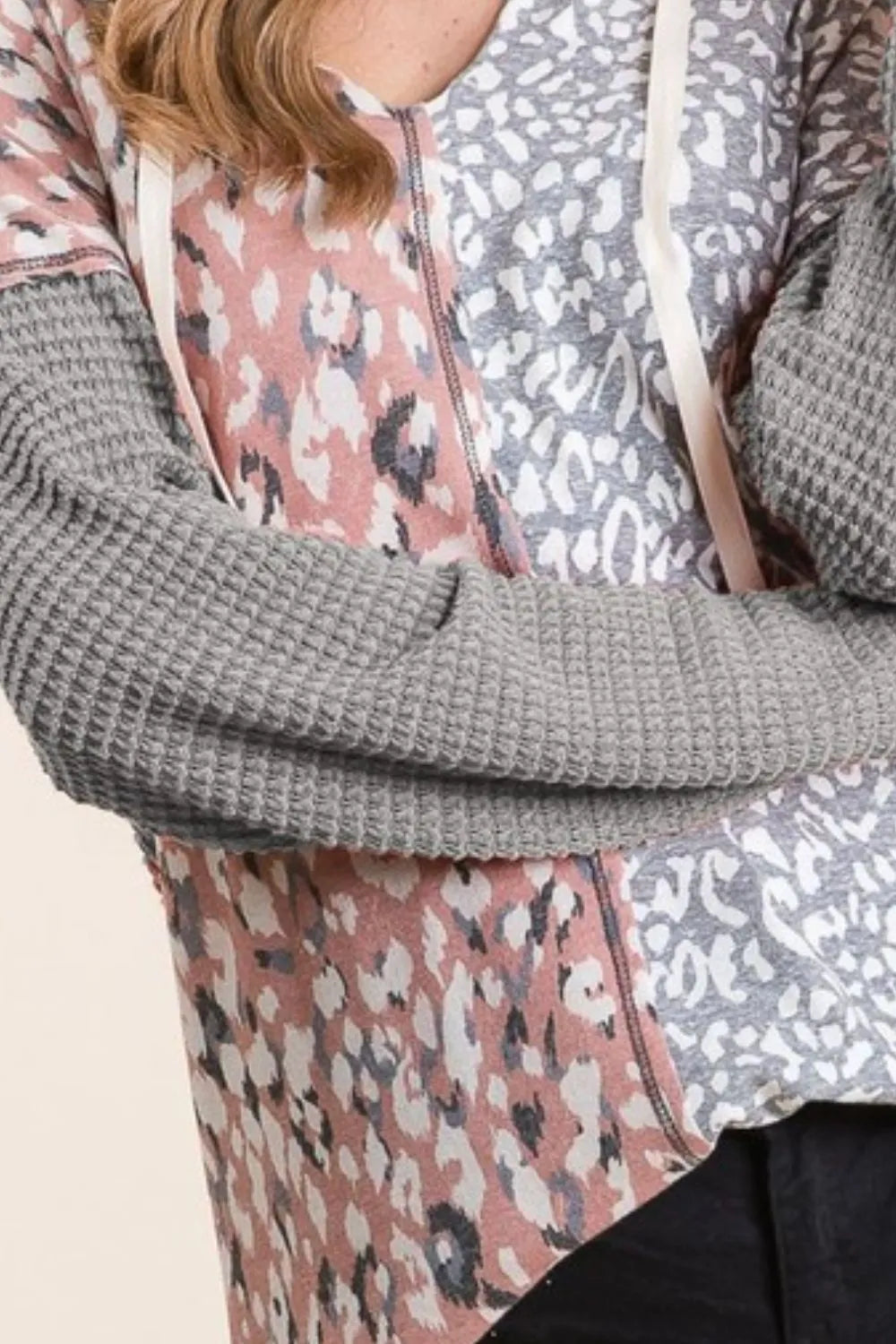 BiBi Popcorn Waffle Knit Hoodie with Print Block Front