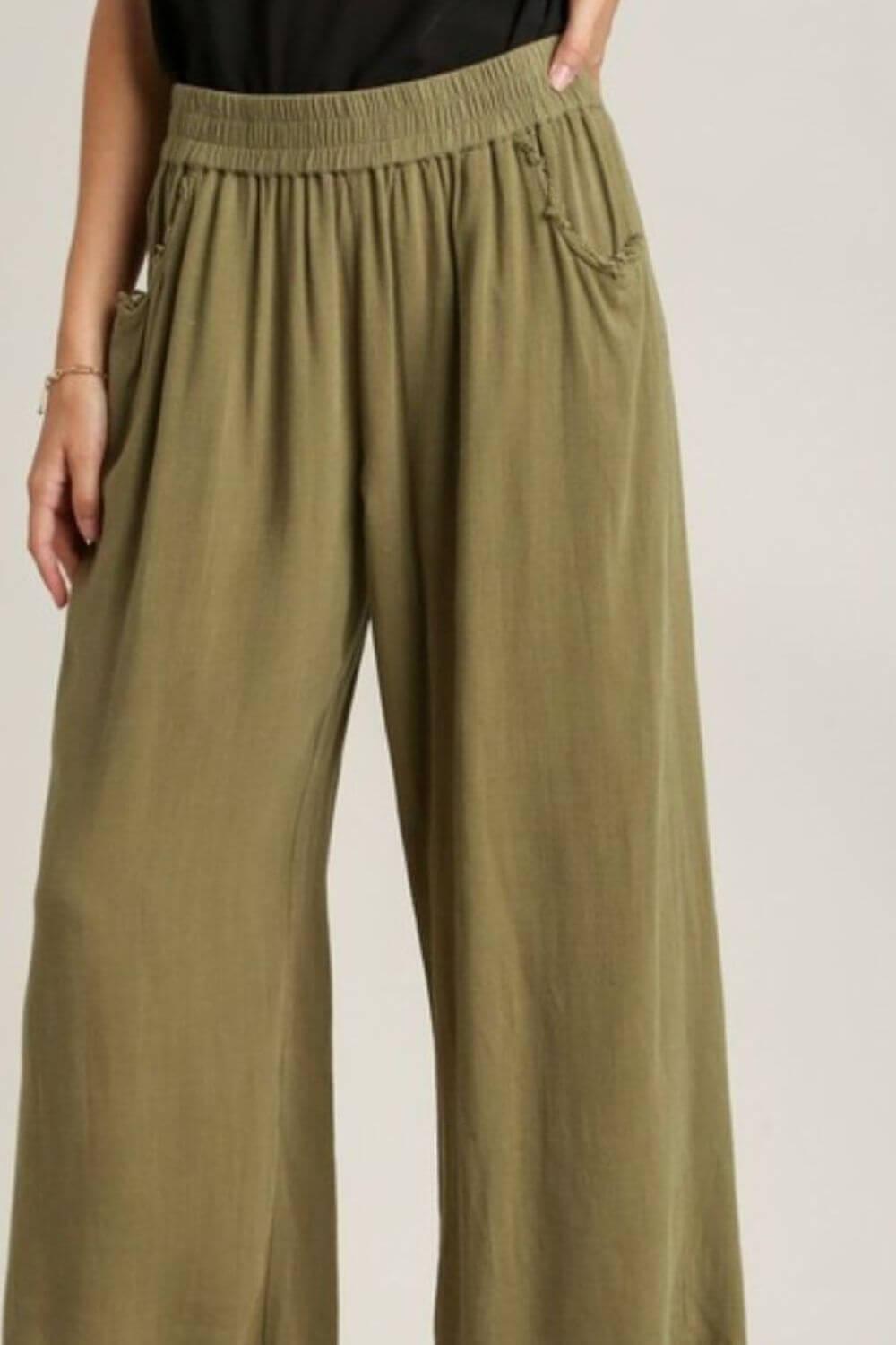 Umgee Full Size Linen Blend Elastic Waistband Wide Leg Pants Plus Size - Clothes For Her Online Store