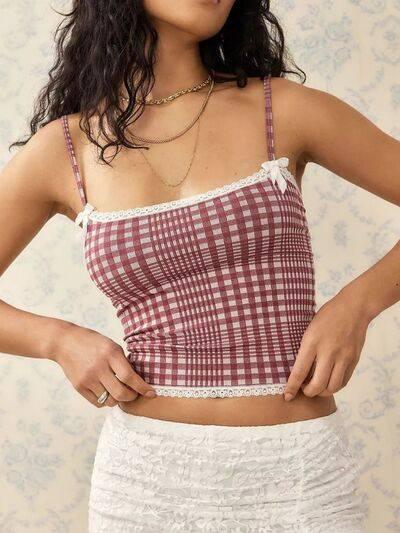 Lace Detail Plaid Square Neck Cami - Clothes For Her Online Store