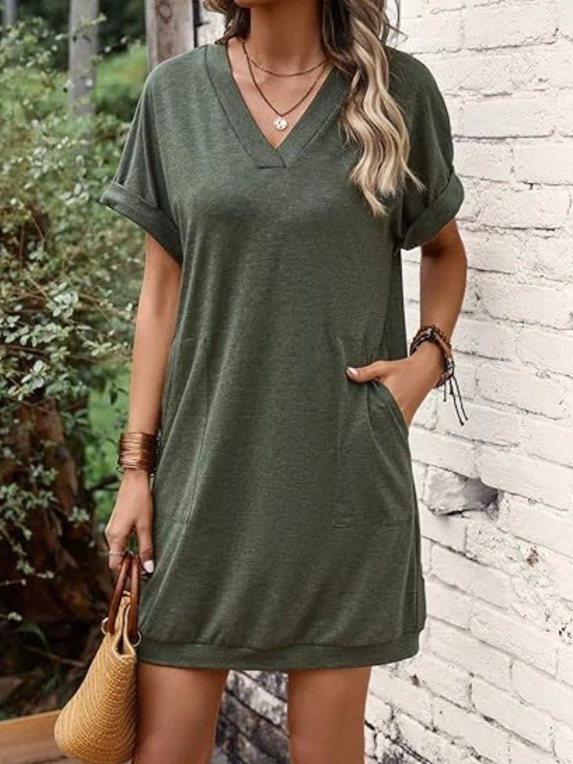 V-Neck Short Sleeve Mini Tee Dress