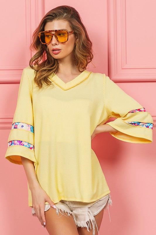 BiBi Cord Rib with Stitched Floral Contrast Top - Clothes For Her Online Store