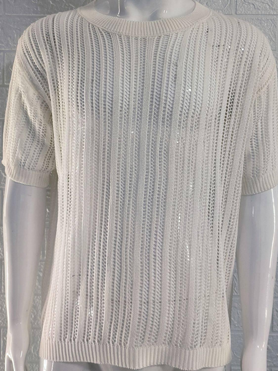 Men's Openwork Round Neck Knit T-Shirt - Clothes For Her Online Store