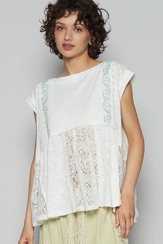 POL Embroidered Detail Boat Neck Cap Sleeve Lace Blouse - Clothes For Her Online Store