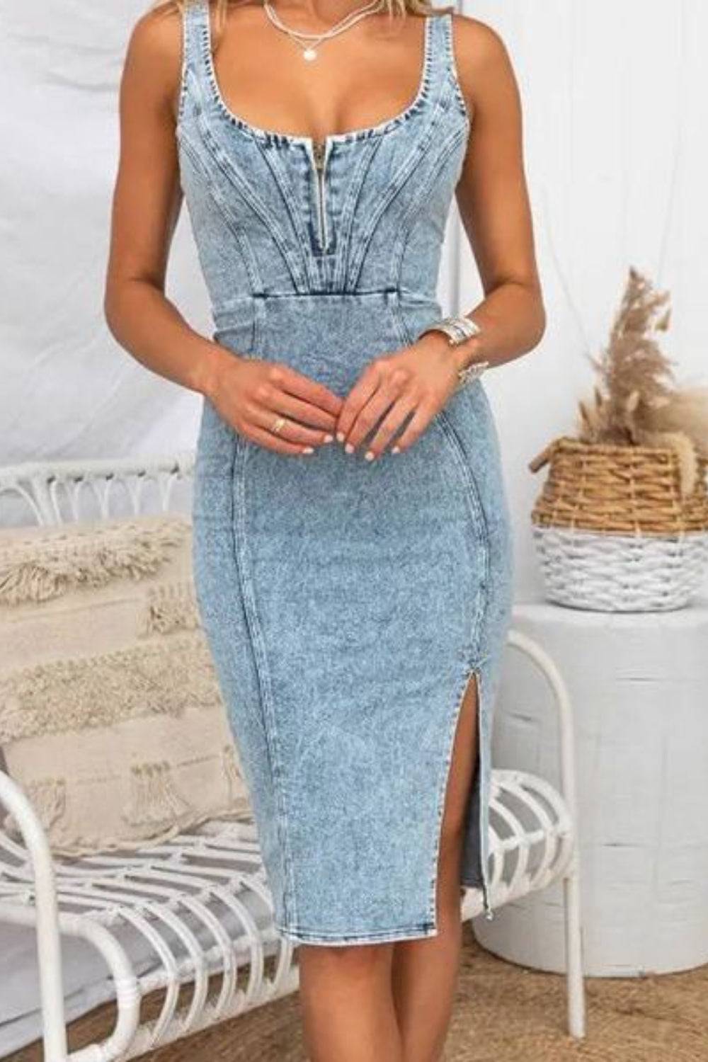 Side Slit Washed Scoop Neck Denim Dress - Clothes For Her Online Store