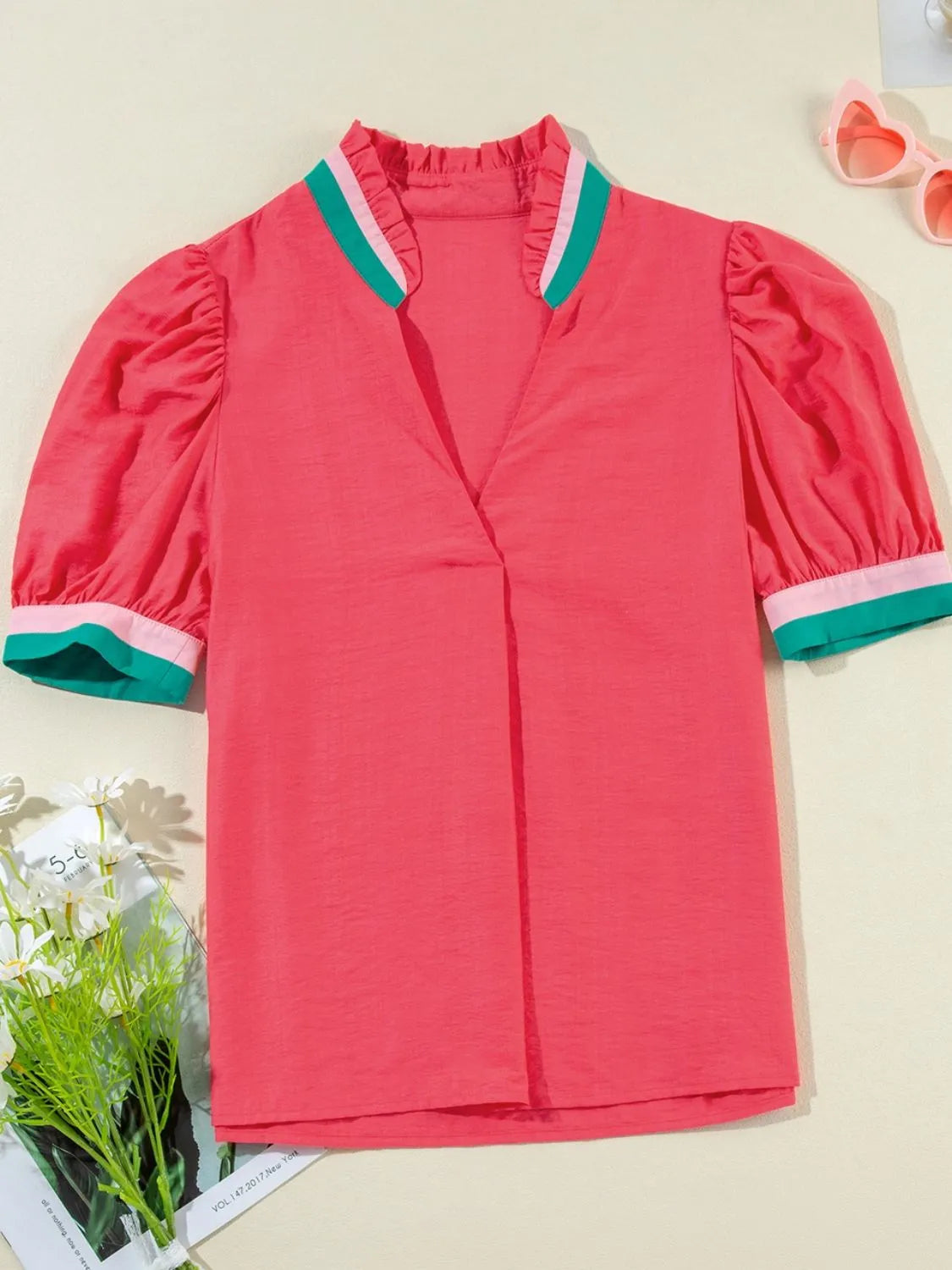 Carrot Colorful Trim V Neck Short Sleeve Blouse