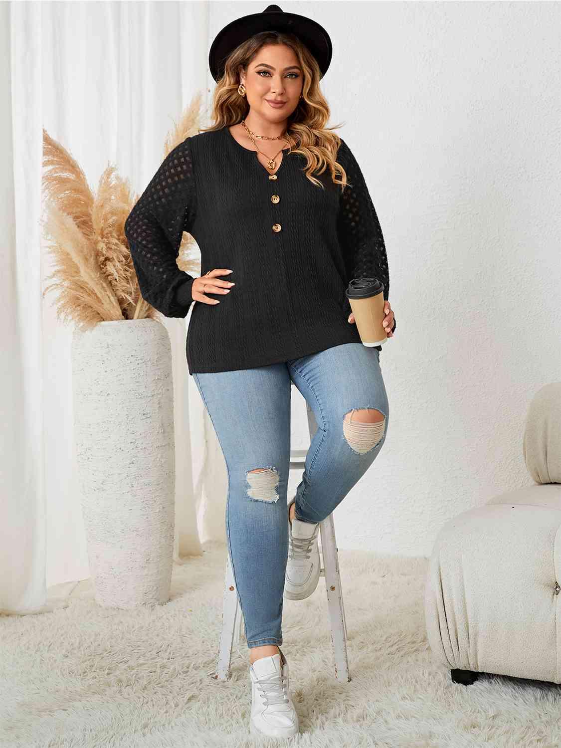 Honey Plus Size Openwork Notched Button Front Blouse - Clothes For Her Online Store