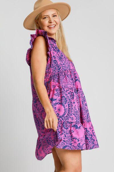 Umgee Full Size Printed Ruffle Cap Sleeve Babydoll Dress Plus Size - Clothes For Her Online Store