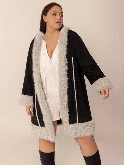 Plus Size Fuzzy Trim Open Front Long Sleeve Hooded Coat - Clothes For Her Online Store