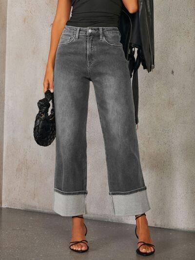 High Waisted Straight Leg Rolled Jeans - Clothes For Her Online Store
