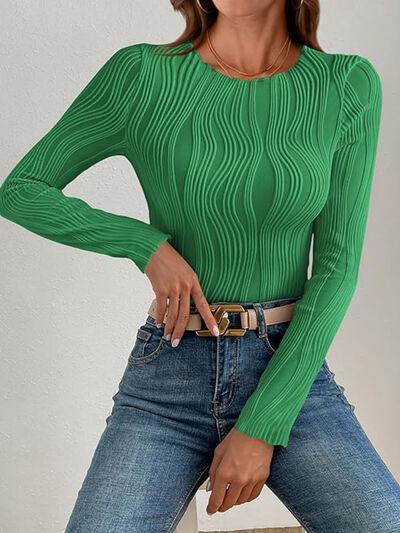 Textured Round Neck Long Sleeve Top - Clothes For Her Online Store