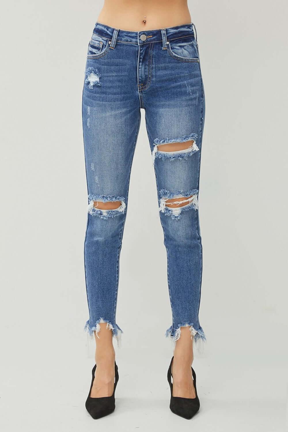RISEN Distressed Frayed Hem Slim Jeans - Clothes For Her Online Store