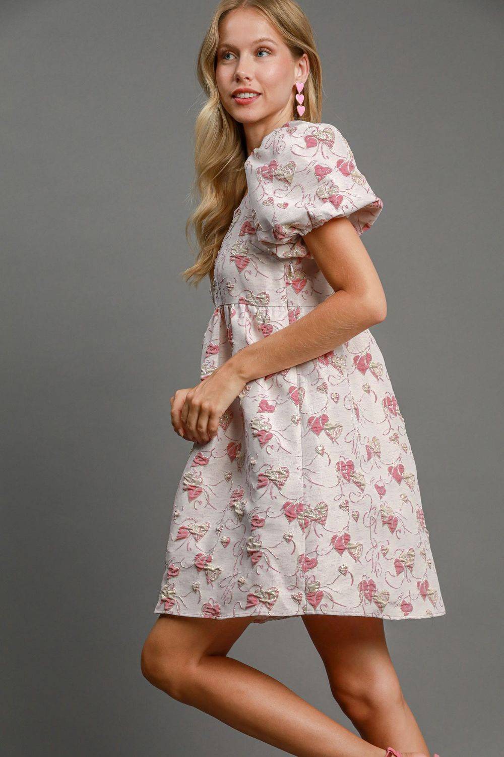Umgee Heart Jacquard Square Neck Puff Sleeve Mini Dress - Clothes For Her Online Store