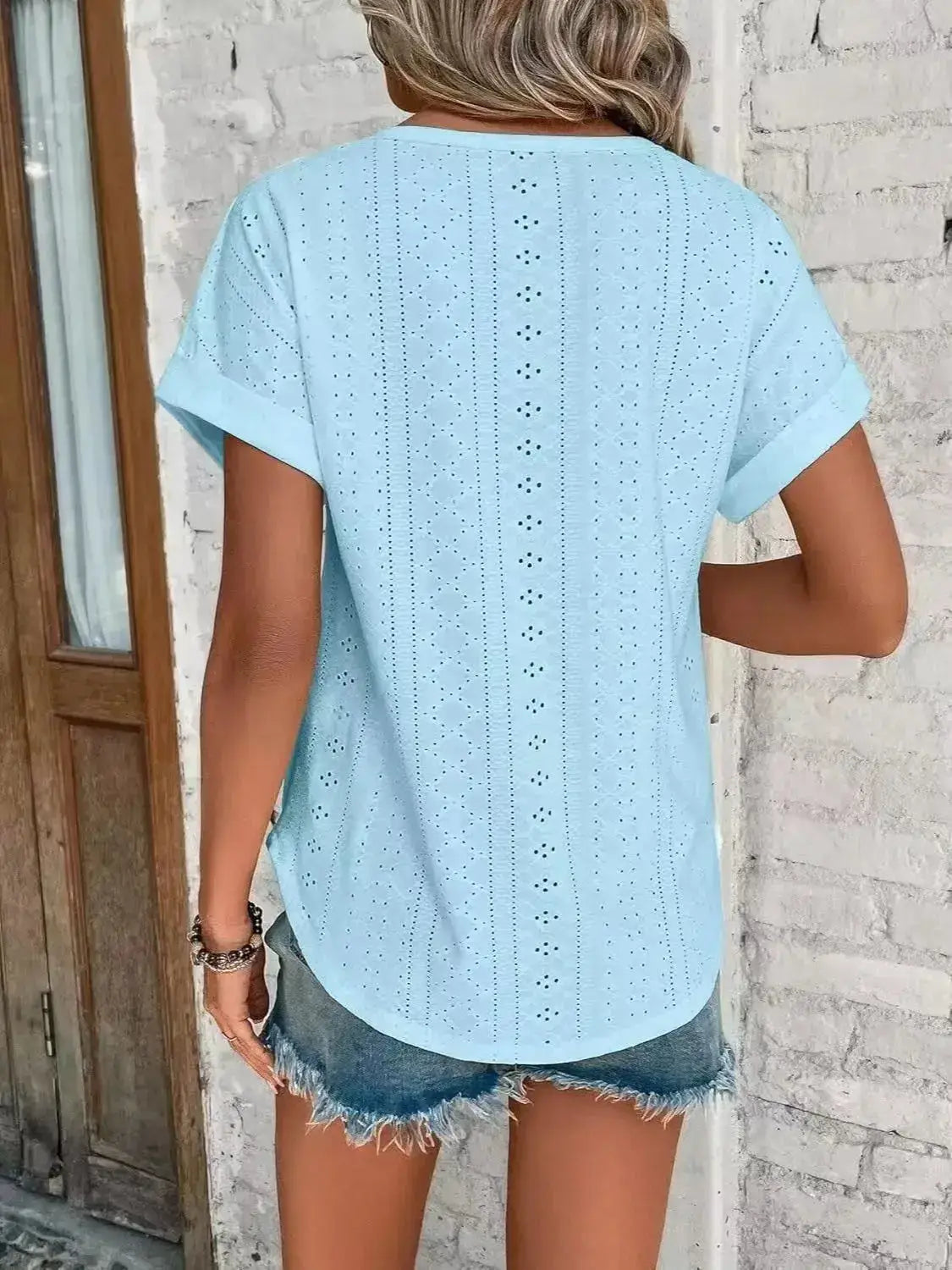 Eyelet Round Neck Short Sleeve Top - Clothes For Her Online Store
