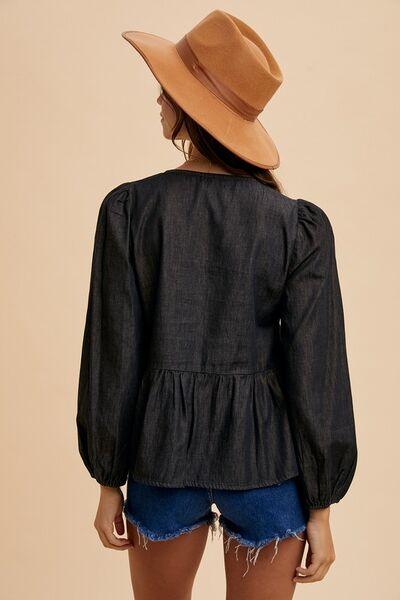 Annie Wear Tie Front Peplum Long Sleeve Denim Top - Clothes For Her Online Store