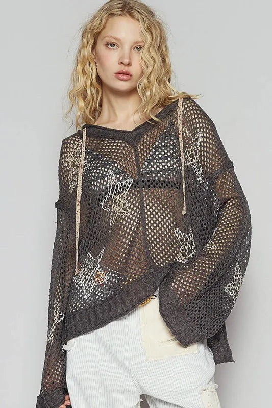 POL Star Openwork Long Sleeve Hooded Knit Cover Up