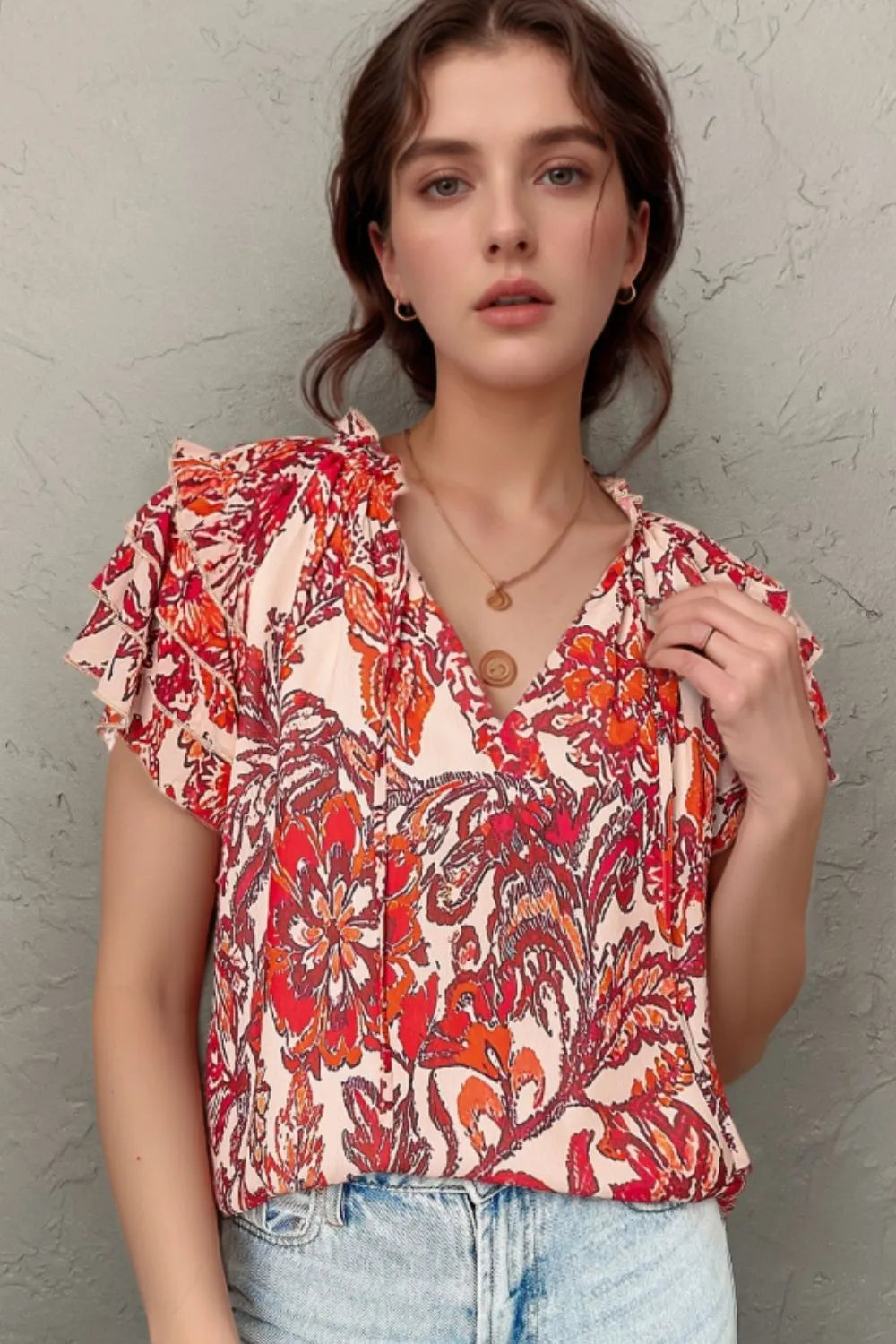 Vintage Floral Ruffle Sleeve V Neck Blouse